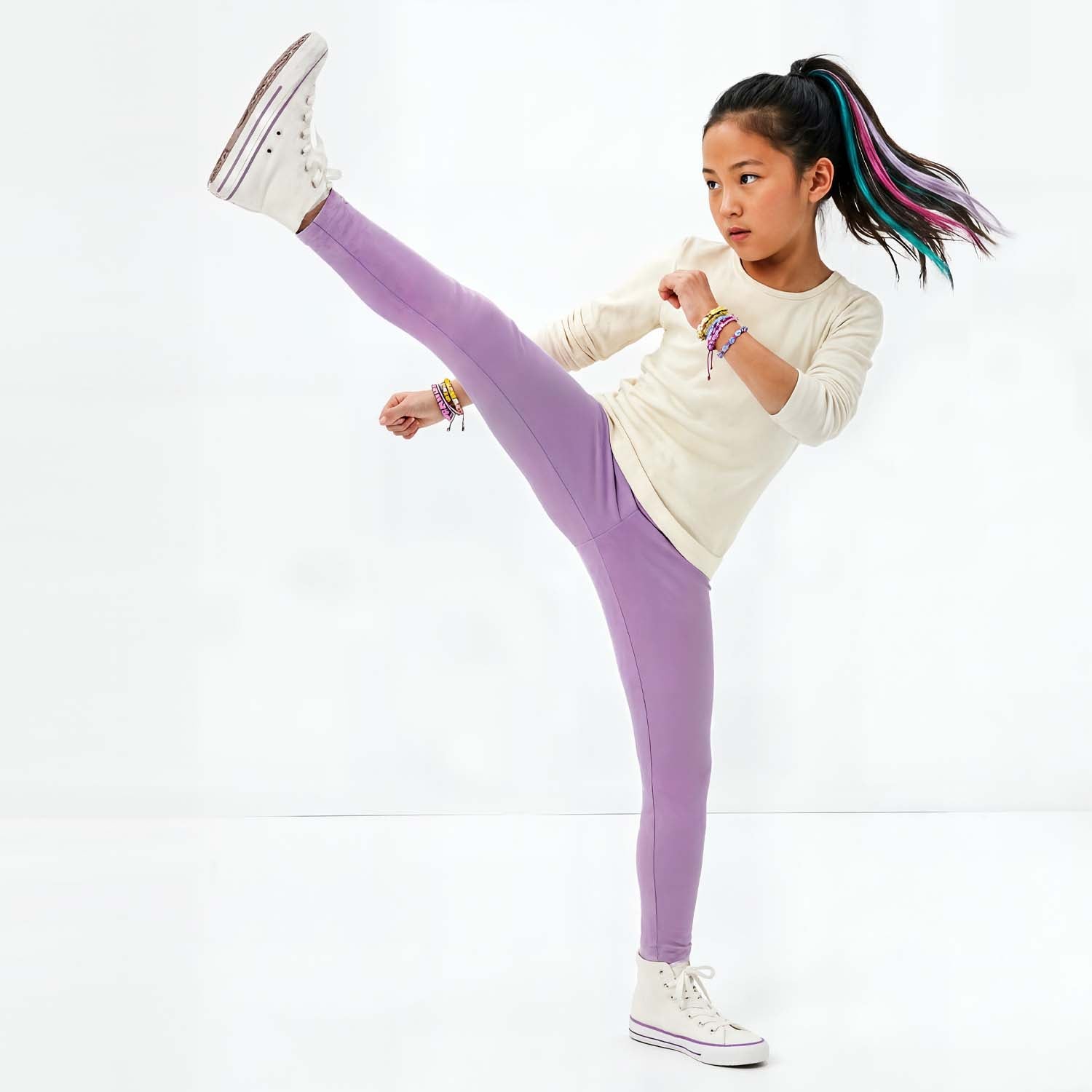 Girls Organic Cotton Reinforced Knee Leggings 2-Pack: Botanical Floral and Lilac