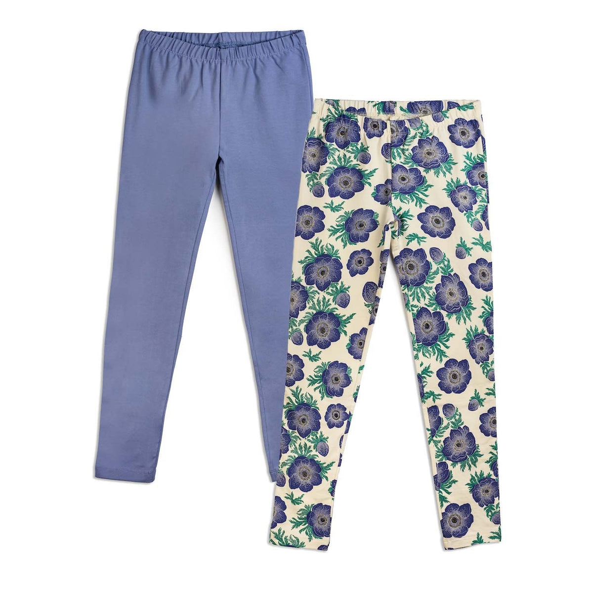 two girls leggings on a white background. One is a purple floral print and one is solid purple