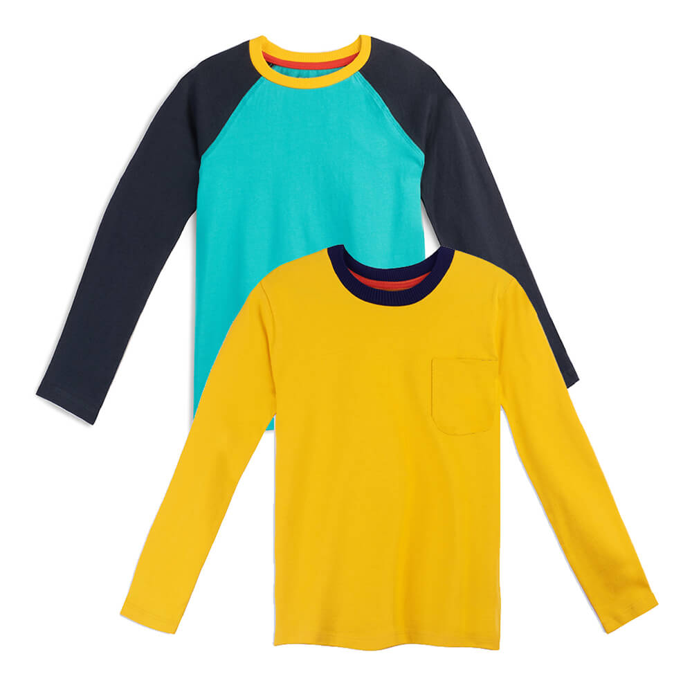 Two long-sleeve shirts, one yellow and one teal with navy blue sleeves on a white background