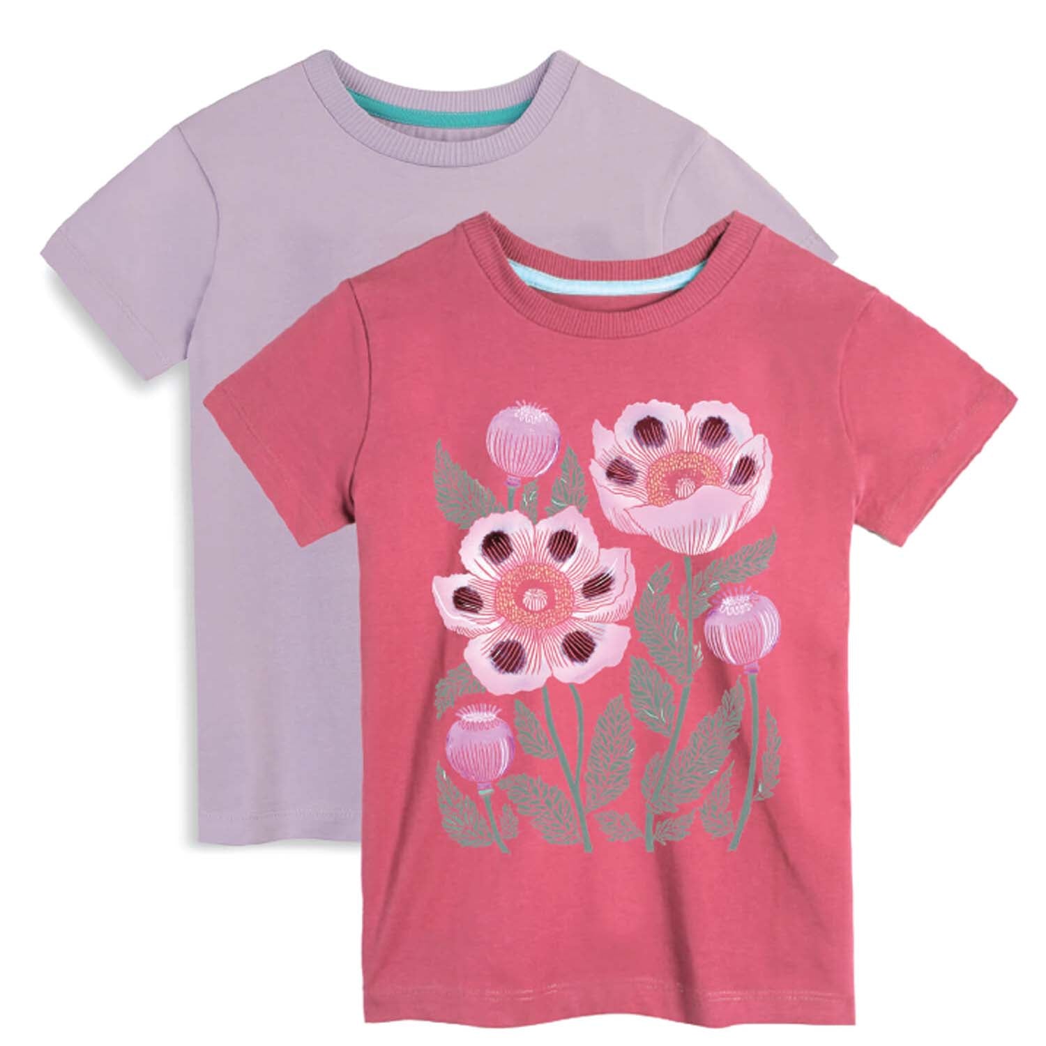 Two children's t-shirts, one pink with floral design and one purple, on a white background.