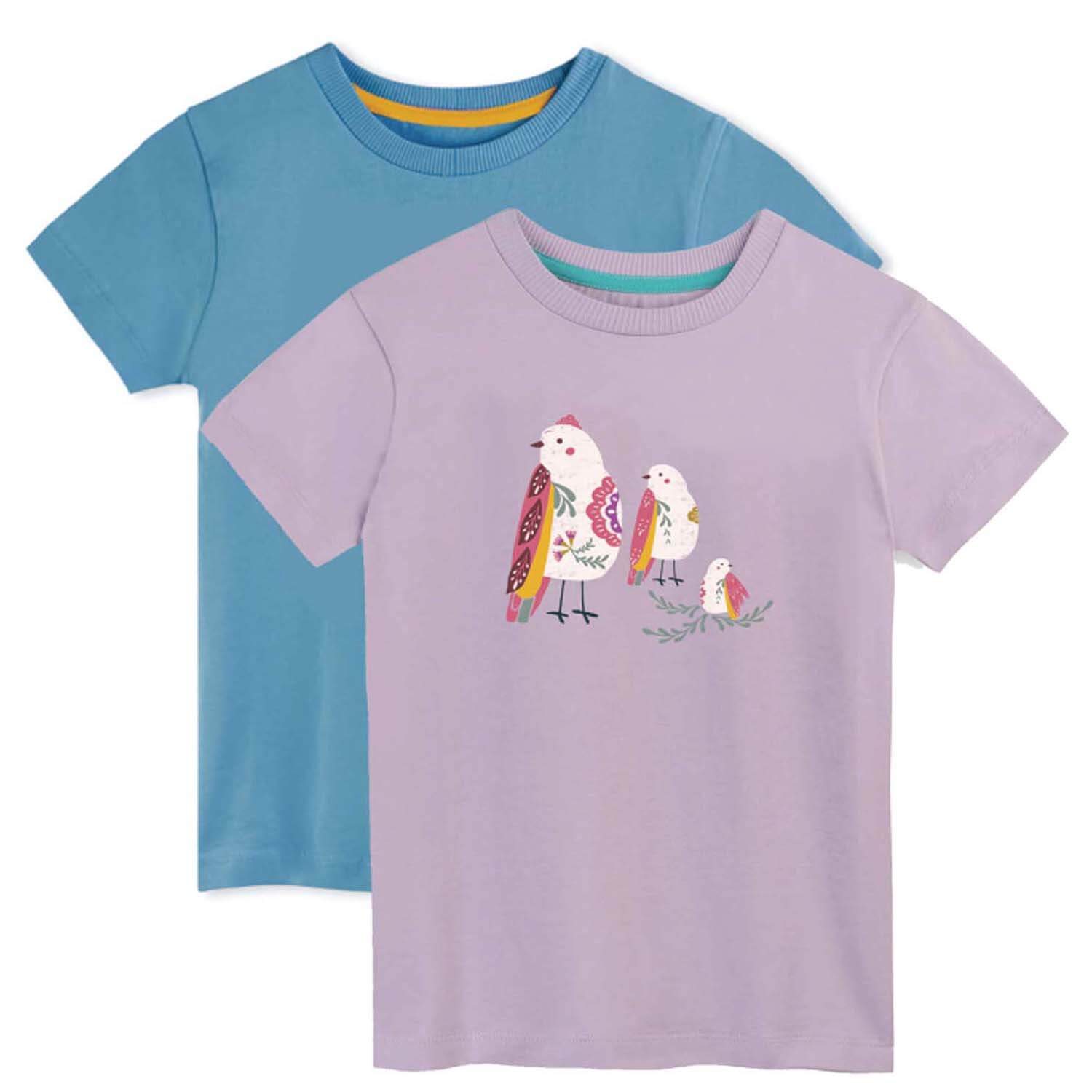 Two children's t-shirts, one blue and one purple with a bird design, on a white background.