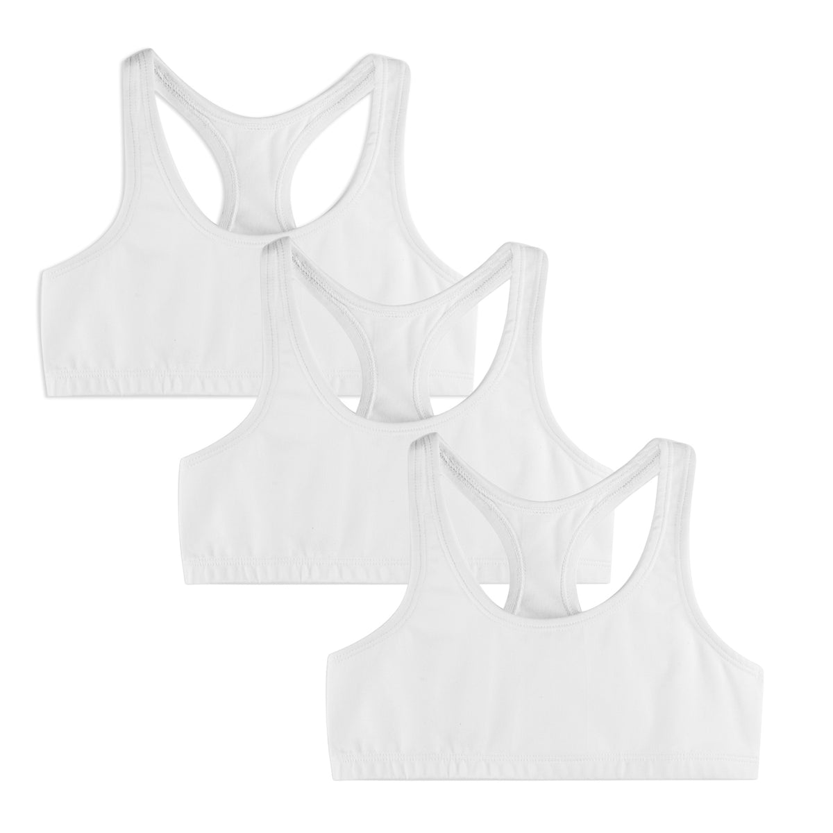 Three white sports bras stacked on a white background