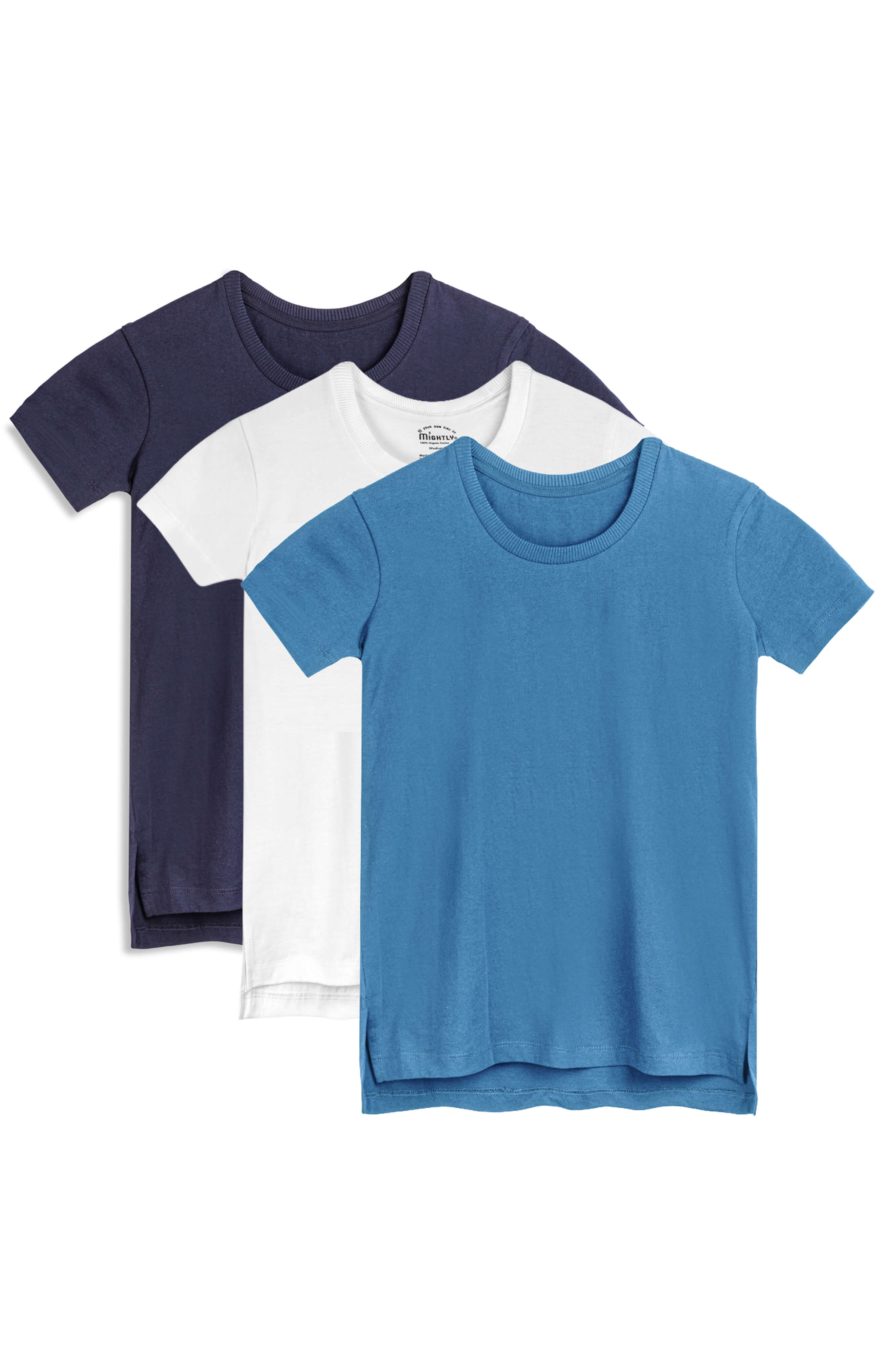Three t-shirts in navy, white, and blue on a white background