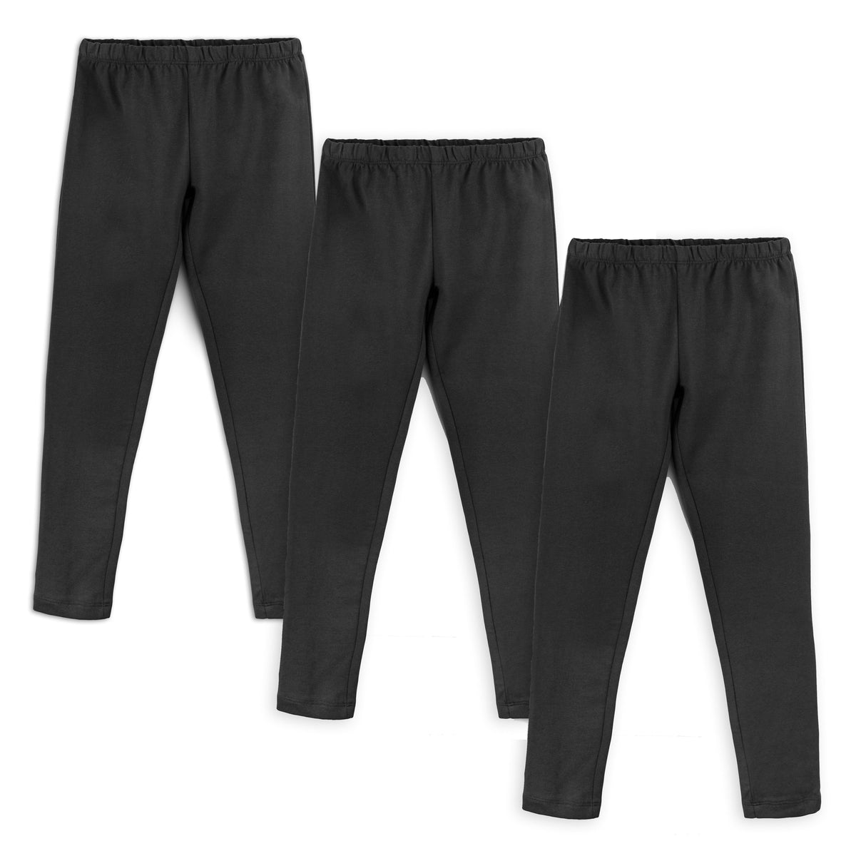 Three black kids' organic cotton leggings laid out on a white background.