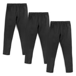 Three black kids' organic cotton leggings laid out on a white background.