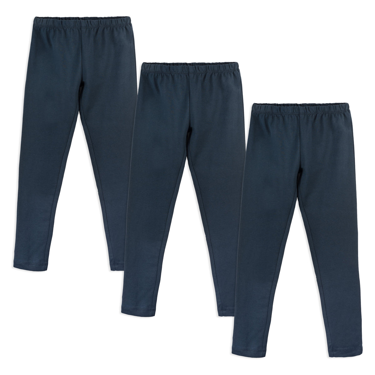 Three navy-colored kids' organic cotton leggings laid out on a white background.