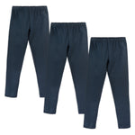 Three navy-colored kids' organic cotton leggings laid out on a white background.