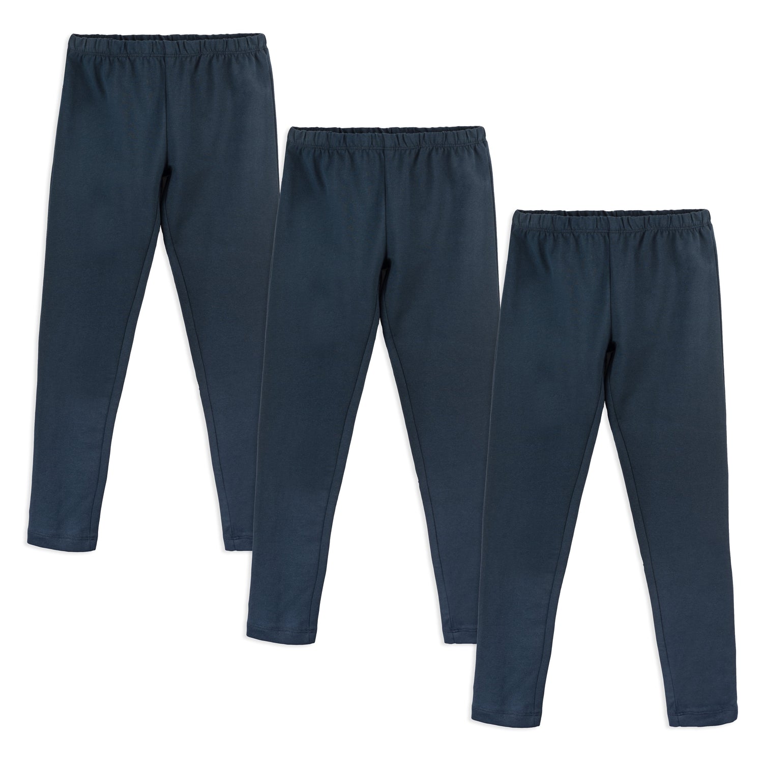 Three navy-colored kids' organic cotton leggings laid out on a white background.