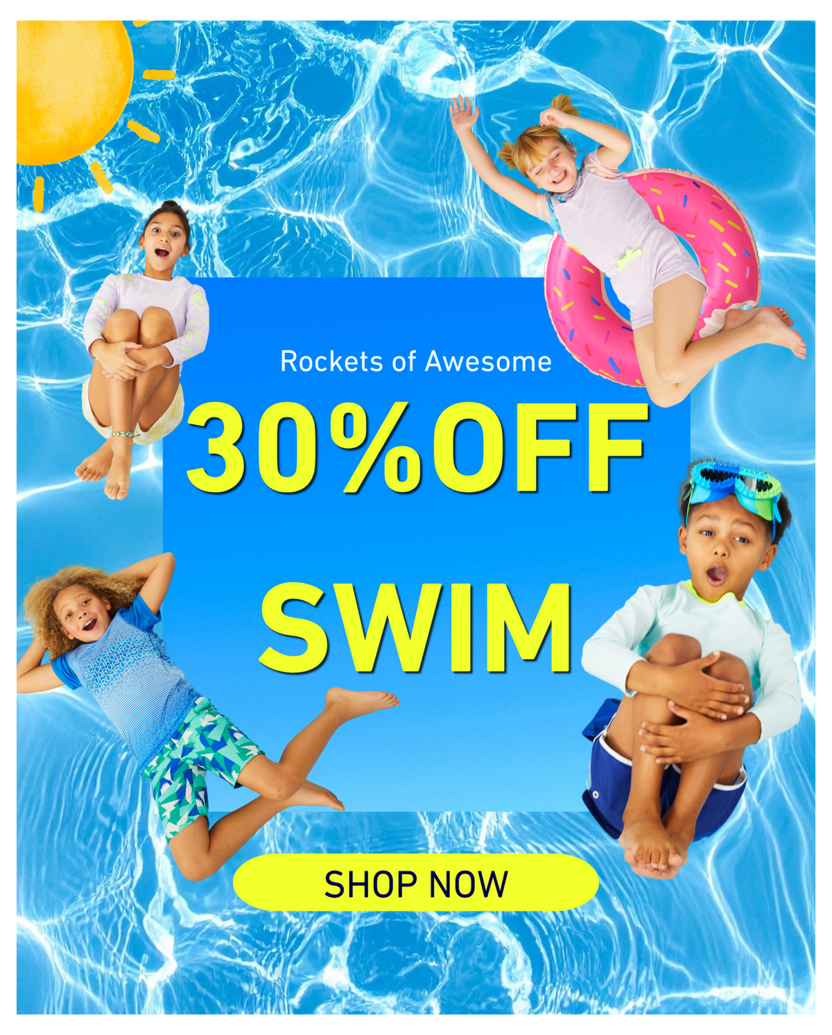 Promotional advertisement for 'Rockets of Awesome' with children in swimwear and a 30% off swim offer.