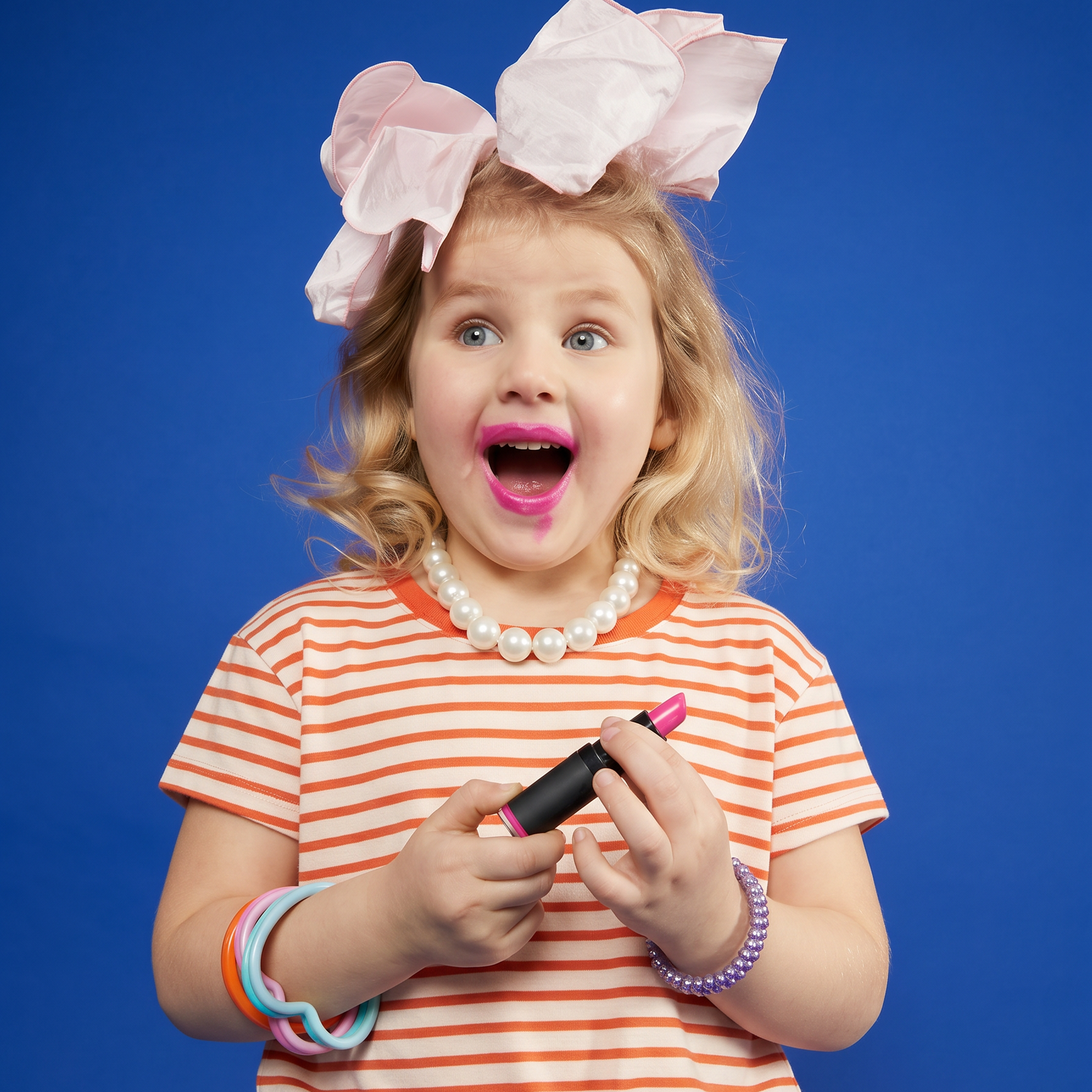 Young girl in a striped dress with large pink bows on a blue background