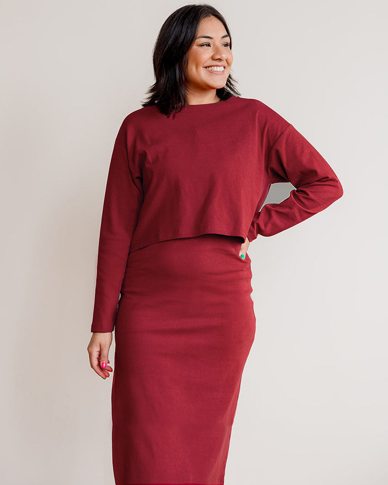 Long Sleeve 2-Piece Rib Knit Dress Set in Rust