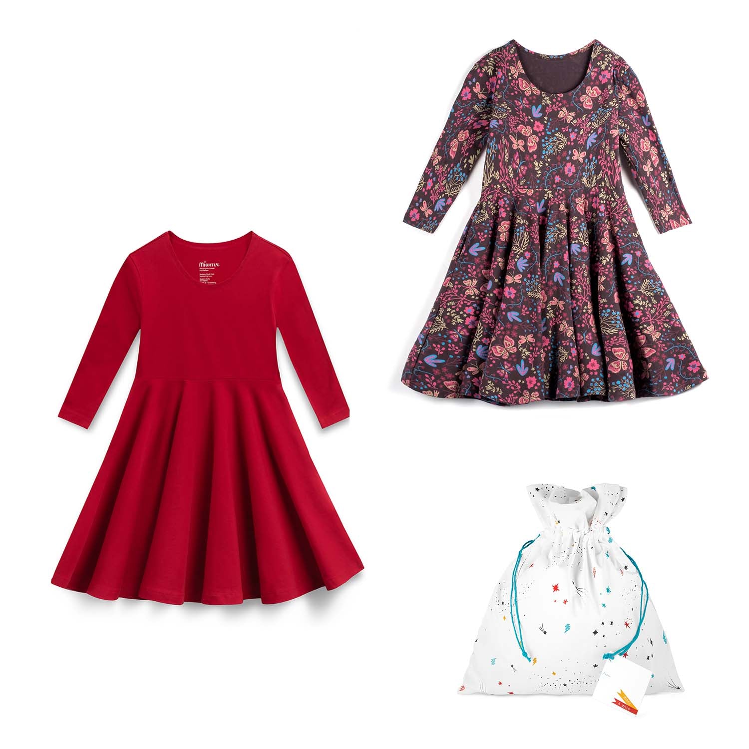 Gift Set: Two Holiday Twirl Dresses with a Reusable Fabric Gift Bag
