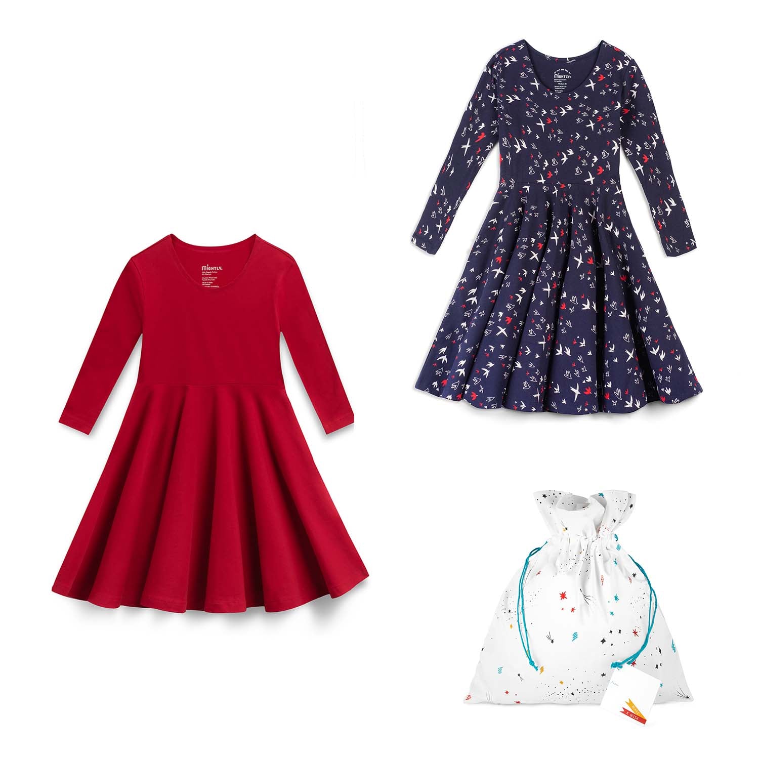 Gift Set: Two Holiday Twirl Dresses with a Reusable Fabric Gift Bag