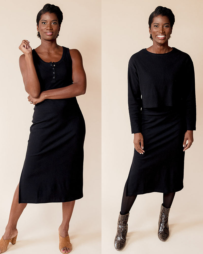 Long Sleeve 2-Piece Rib Knit Dress Set in Black