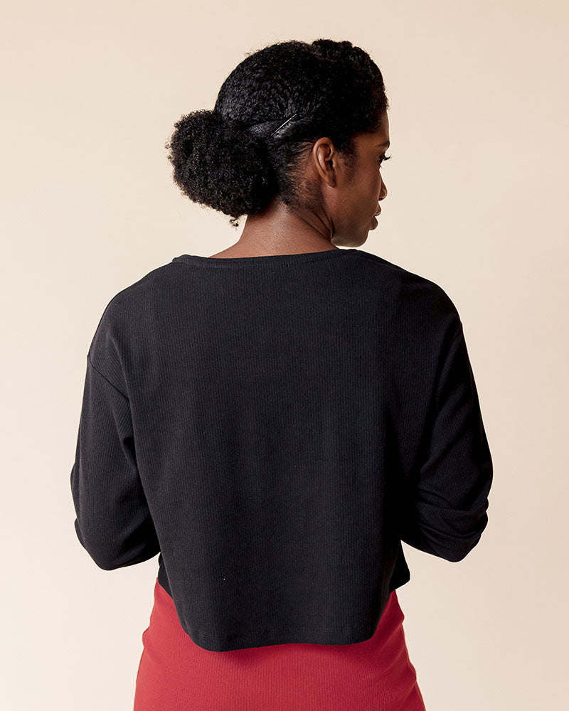 Organic Cotton Long Sleeve Rib Knit Crop Top in Black - FINAL SALE