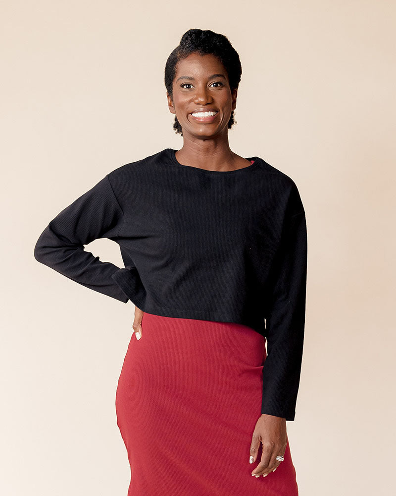 Organic Cotton Long Sleeve Rib Knit Crop Top in Black - FINAL SALE