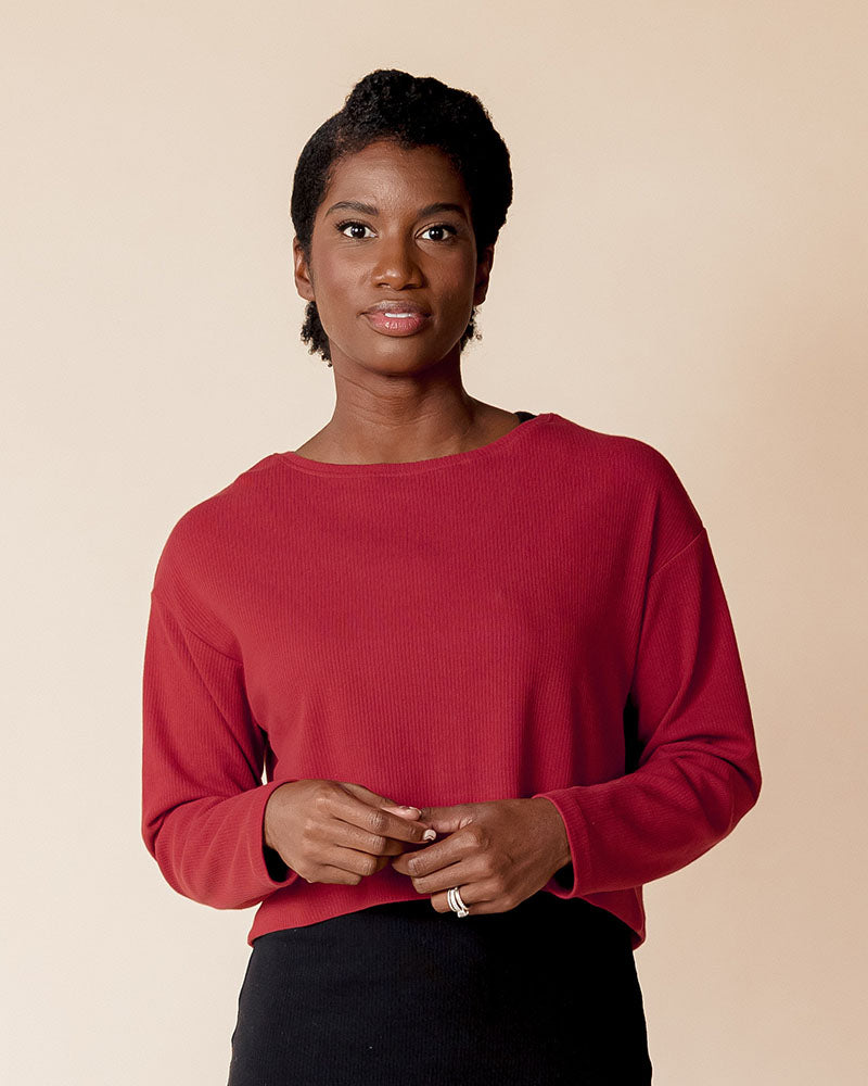 Organic Cotton Long Sleeve Rib Knit Crop Top in Rust