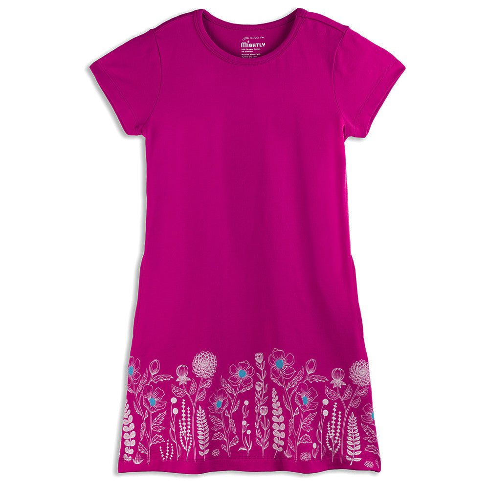 Kids' Organic Cotton Short Sleeve T-Shirt Dress in Raspberry Garden Kids' Organic Cotton Short Sleeve T-Shirt Dress in Raspberry Garden