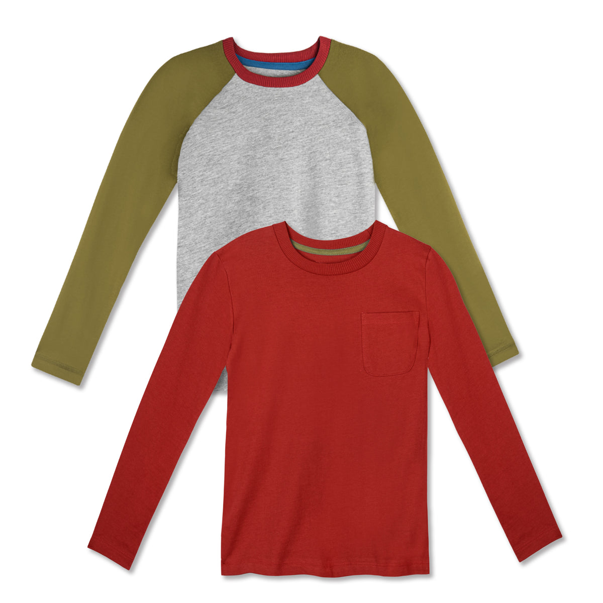 Two long-sleeve kids' shirts, one red with a pocket and one green with gray sleeves, laid flat.