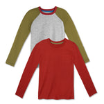 Two long-sleeve kids' shirts, one red with a pocket and one green with gray sleeves, laid flat.