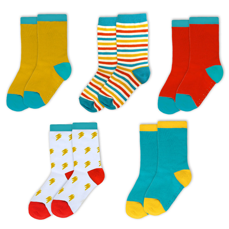 Colorful kids' socks with various playful patterns