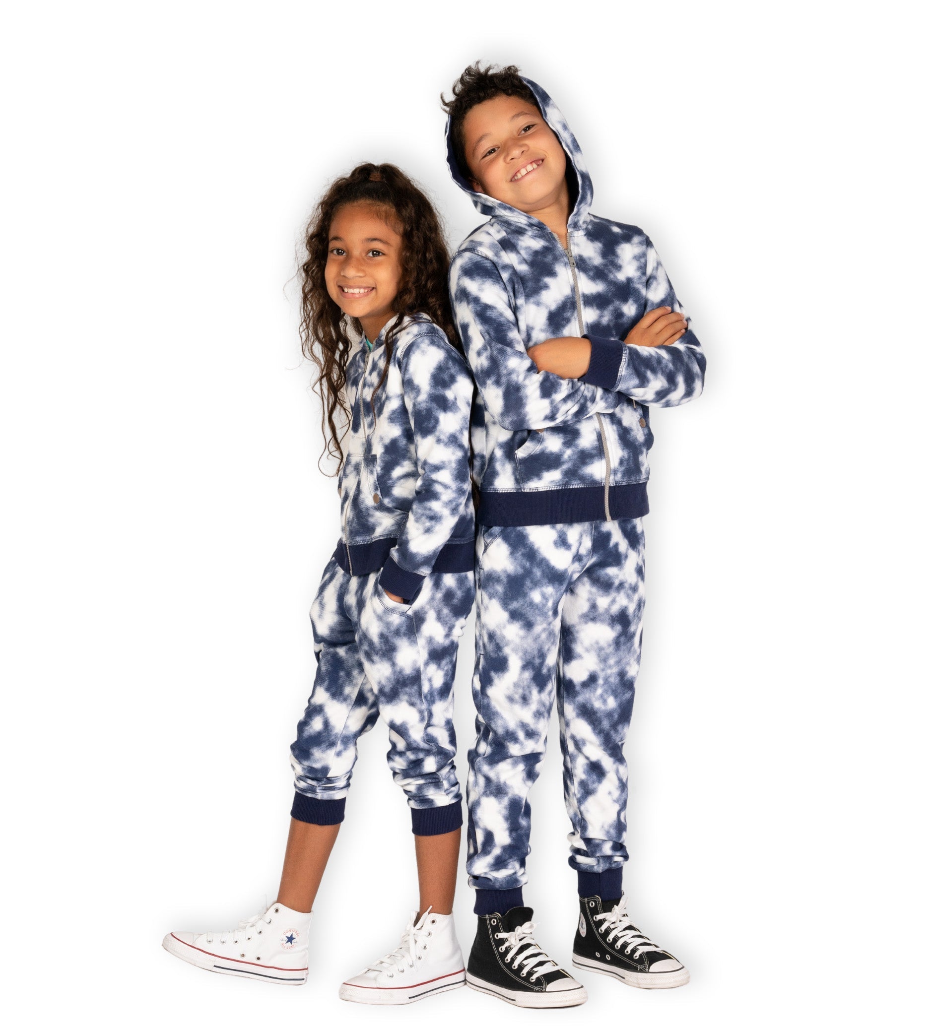 Matching kids’ pants - Boy and girl wearing navy tie-dye jogging pants