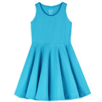 a turquoise sleeveless dress against a white background